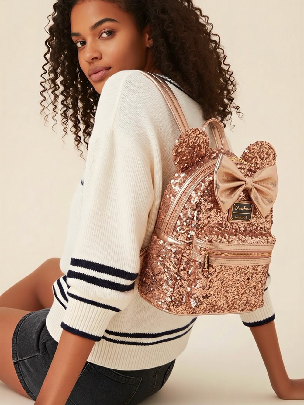 Loungefly Disney Parks Rose Gold Sequin Mini Backpack with Bow Ears
